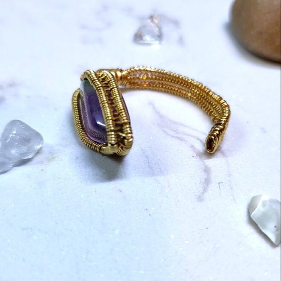 Handmade gold color adjustable ring fluorite stone - Picture 4 of 5